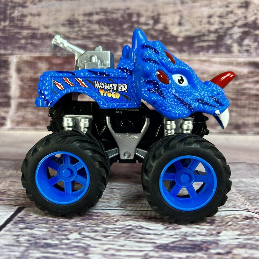 Monster Truck Racing Dinosaur Triceratops Crazy Blue Toy Red Horn 1/64 Plastic